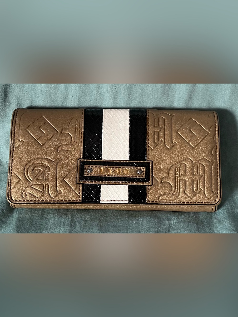 L.A.M.B. Dorset Gold Wallet Embossed with Black and White Faux Snakeskin